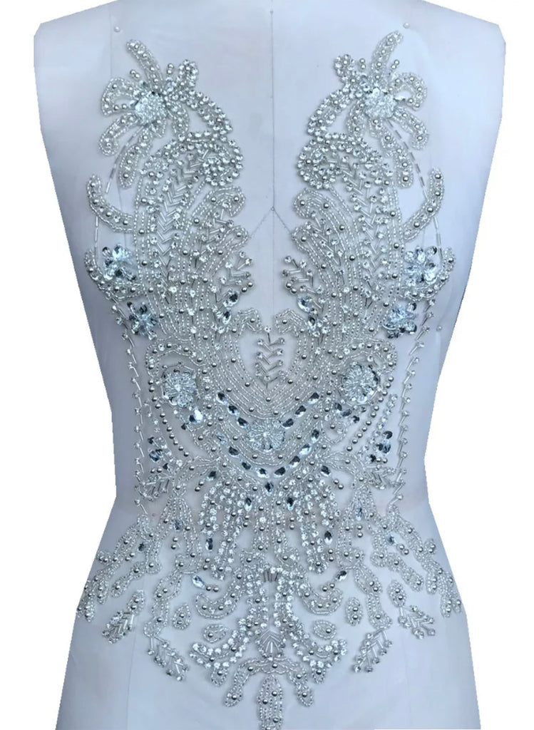 Luxury White Beaded Bridal Lace Applique Rhinestone Bodice Motif Patch Embellishment