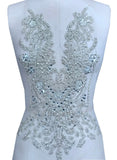 Luxury White Beaded Bridal Lace Applique Rhinestone Bodice Motif Patch Embellishment