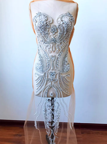 Luxury Beaded Bridal Lace Applique Faux Pearl Rhinestone Bodice Motif Patch Embellishment