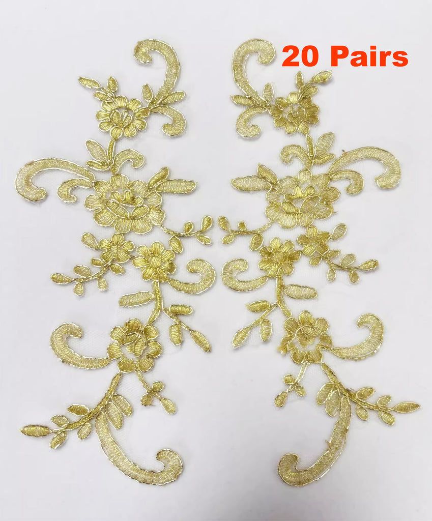 Gold Lace Applique Pair Floral Embroidered Lace Motifs Matching 20 Pairs (40pcs)