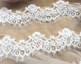 Ivory floral embroidered lace trim with eyelash edge Bridal sewing material, 9 Meters