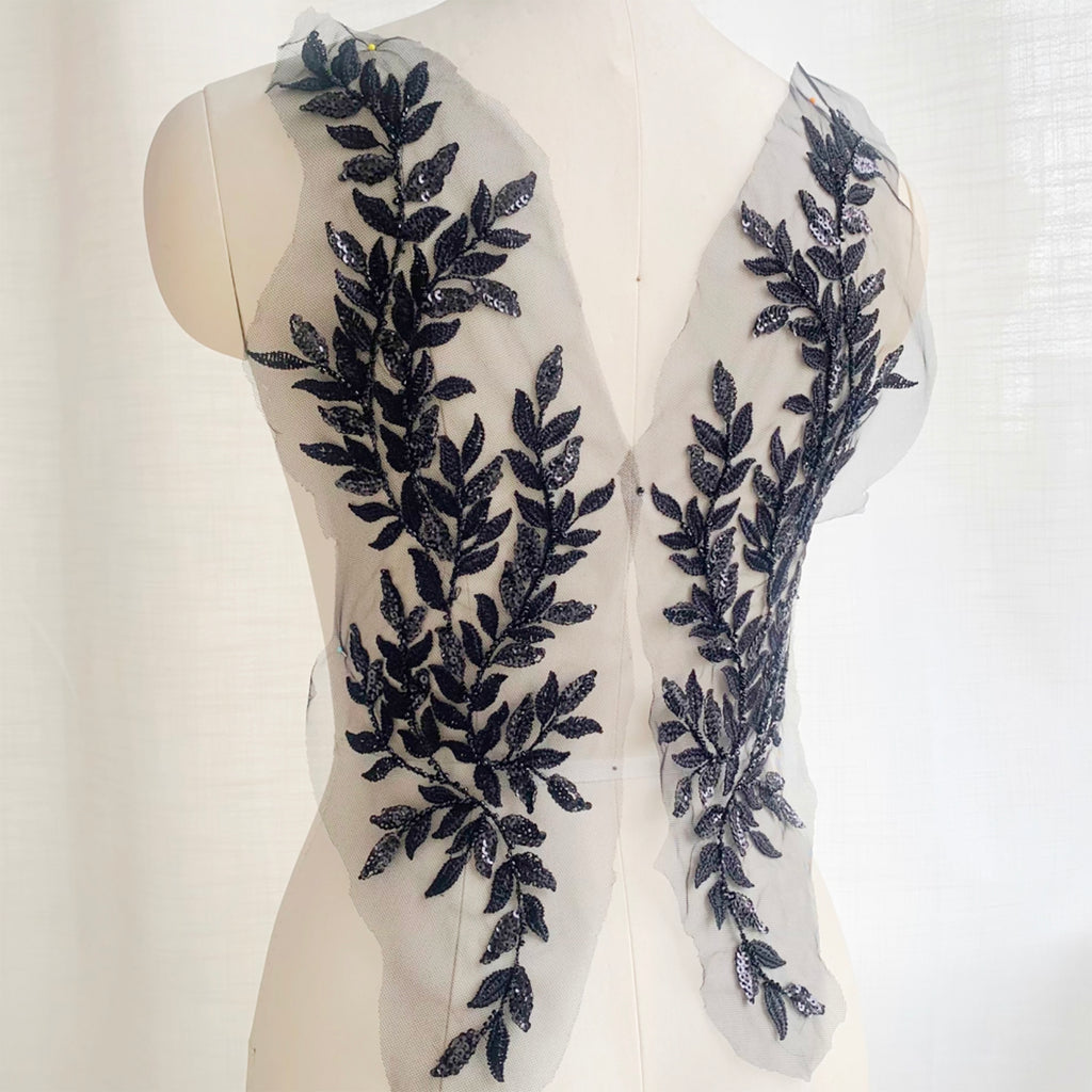 Black Sequin Leaf Embroidery Lace Applique Pair Mesh Motif Trim Dress DIY Sewing Supplies