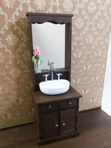 Craftuneed 1:6 Scale Doll Bathroom Sink Cabinet with Mirror Miniature Dollhouse Washstand with Basin furniture
