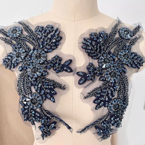 Dark Navy Blue Beaded Lace Applique Pair Floral Rhinestone Embroidery Motif Patch