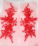 Red Beaded Floral Lace Applique Embroidery Sequins Motif Patch Luxury (4 Pairs)