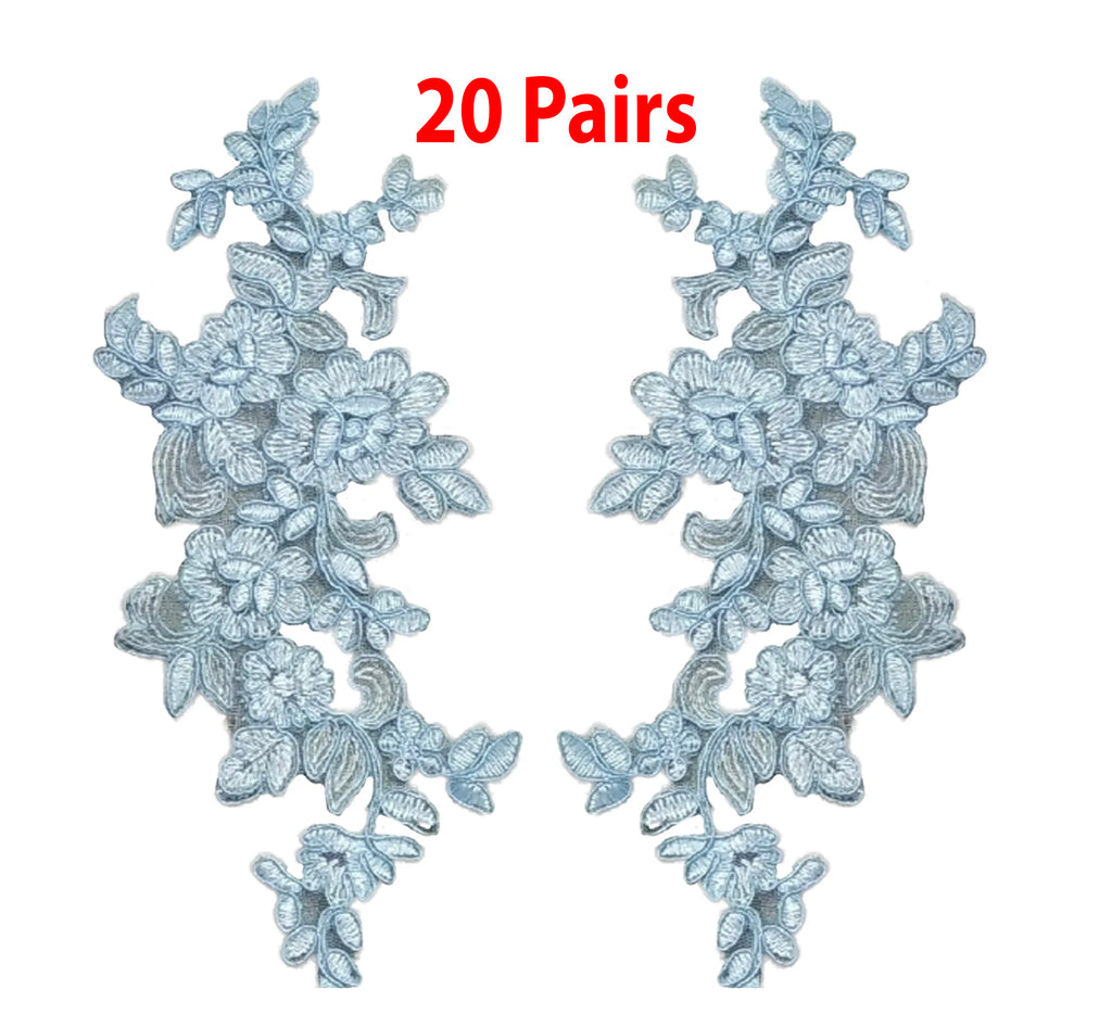 Light Blue Floral Lace Applique: Embroidered Tulle Flower Motif (20 Pairs)