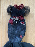 Craftuneed 1:6 Scale Doll Black Lace Mermaid Evening Gown Gothic Style Black Dress with Red Floral Accents For Fashion Dolls Handmade