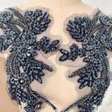 Dark Navy Blue Beaded Lace Applique Pair Floral Rhinestone Embroidery Motif Patch