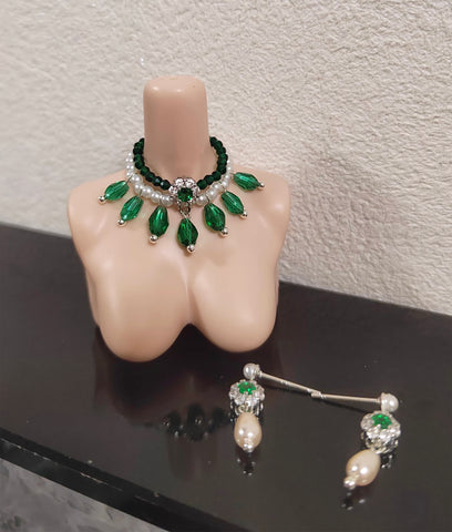 1:6 Scale Doll Necklace Earrings Set Miniature Green Rhinestone Jewellery Handmade
