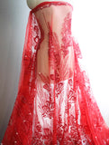 Craftuneed 1 Yard Luxury 3D Floral Butterfly Sequin Red Embroidered Lace Fabric Tulle for Dressmaking &amp; DIY Projects