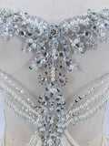 White Beaded Bodice Applique Bridal Faux Pearl Rhinestone Lace Patch For Wedding DIY