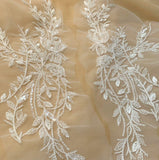 Ivory Beaded Sequin Lace Applique Pair Bridal Floral Embroidered Tulle Motif Patch