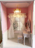 Craftuneed 1:6 scale Miniature Dollhouse Vanity Room Scene Includes Dressing Table Stool, Chandelier, Curtain, Dust Cover For Fashion Dolls