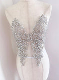 A Pair of Luxury Silver Rhinestone Appliques Ivory Faux Crystal Lace Embellishments Motif Patch for Bridal Gown & Evening Dress Sewing