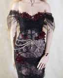 Craftuneed 1:6 Scale Doll Black Lace Mermaid Evening Gown Gothic Style Black Dress with Red Floral Accents For Fashion Dolls Handmade
