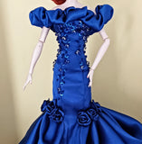 Craftuneed 1:6 Scale miniature doll Royal Blue Ball Gown Dress Beaded Evening Dress with Ruffle and Rose Details