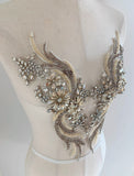 A Pair of Ivory Beige Rhinestone Applique Phoenix Tail Beaded Silver Faux Crystal Embellishments for Dressmaking Dance Costumes DIY