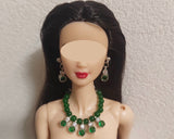 1:6 Doll Necklace Earrings Set Miniature Green Faux Pearl Rhinestone Jewellery Handmade