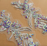 AB Rhinestone Lace Applique Pair Ivory Floral Beaded Bridal Motif Embroidery Patch