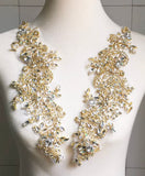 Rhinestone Lace Applique Pair, Bridal Wedding Beaded Motif Patch, Silver White or Gold