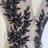 Black Sequin Leaf Embroidery Lace Applique Pair Mesh Motif Trim Dress DIY Sewing Supplies