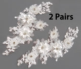 2 Pairs Ivory Floral Beaded Lace Applique 3D Flower Embroidered Rhinestones Motif Patch