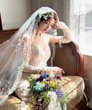 Craftuneed Vintage Inspired Long Ivory Bridal Wedding Veil with Embroidered Lace Trim Available 1.5m to 3m Cathedral Veil
