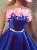 Handmade 1:6 Scale Floral Doll Dress Miniature Dark Blue Satin Gown with Earrings