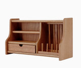 Craftuneed 1:6 Scale Dollhouse Brown Wooden Kitchen Dish Rack Miniature Plate Organiser with Drawer & Cups Shelves Storage Furniture