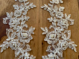 A Pair Ivory Beaded Floral Lace Appliques Bridal Embroidered Sequin Lace Motif Patches