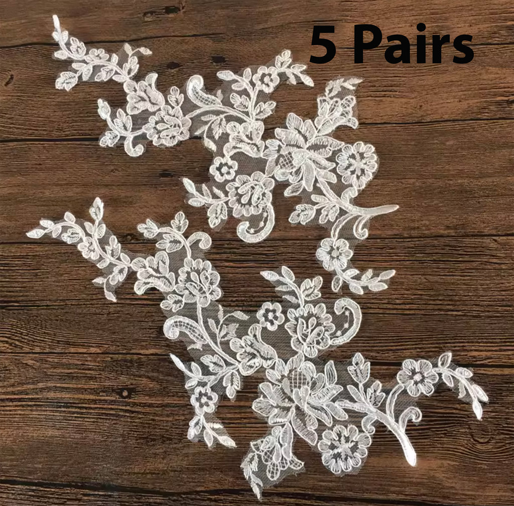 5 Pairs Ivory or White Floral Lace Applique Bridal Embroidered Wedding Motif Patch