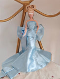 Handmade Doll Evening Gown With Bow Miniature Light Blue Satin Dress 1:6 Scale