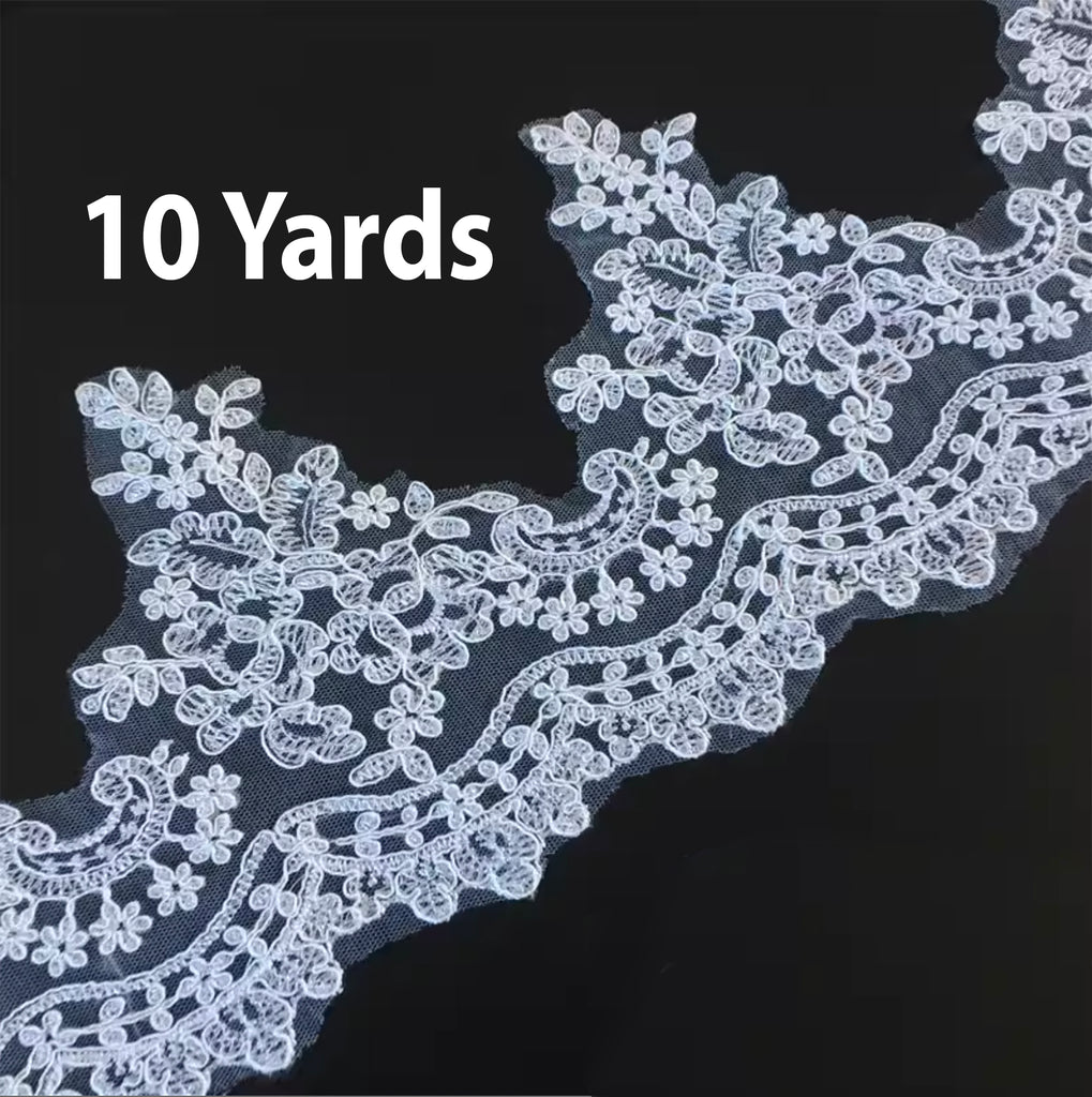 Ivory or White Floral Lace Trim Embroidered Border Edging, Bridal Sewing DIY (10 Yards)