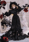 Craftuneed Edwardian Black Lace Doll Dress with Hat for BJD Gothic Halloween Inspired Outfit Costume Fits For 1/6 1/4 Dolls