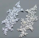 5 Pairs Ivory or White Beaded Lace Applique Floral Sequins Embroidered Bridal Motif Patch