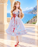 Handmade 1:6 Scale Doll Dress Miniature Romantic Floral Lace Gown with Red Corset