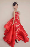 Handmade 1:6 Scale Doll Dress Miniature Red Lace Evening Gown with Rhinestones Details