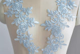 WLight Blue Lace Applique 3 Pairs, Wedding Dress Embroidered Floral Bridal Motif Patch