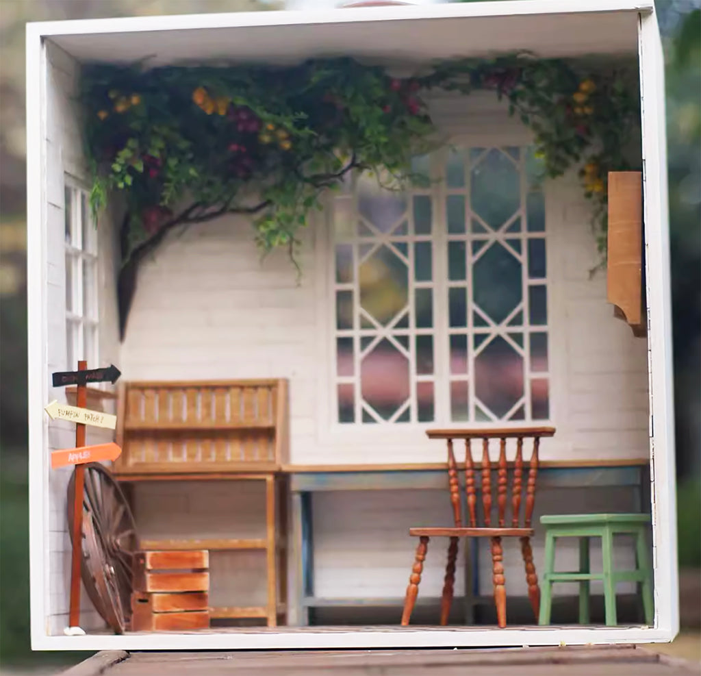 Craftuneed 1:6 scale Wooden Greenhouse Dollhouse Miniature Forest Cottage Diorama Dustproof Doll Display Box with Furniture Handmade