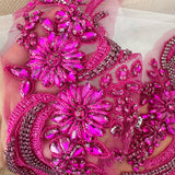 Fuchsia Pink Beaded Lace Applique Pair Floral Rhinestone Embroidery Motif Patch