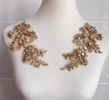 Champagne Gold Rhinestone Lace Applique Pair Beaded Bridal Faux Crystal Bodice Motif Patch