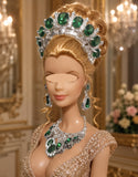 1:6 Scale Doll Necklace Earrings Crown Set Miniature Green Rhinestone Jewellery