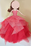Handmade 1:6 Scale Doll Ball Gown Miniature Red Glitter Doll Dress with Petticoat