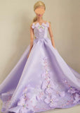 Handmade 1:6 Scale Lilac Purple Satin Beaded Doll Dress Miniature Couture Floral Gown