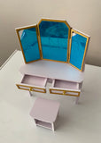 Craftuneed 1:6 miniature dollhouse white dressing table with mirror stool set for doll furniture Handmade