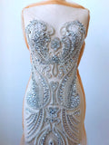Luxury Beaded Bridal Lace Applique Faux Pearl Rhinestone Bodice Motif Patch Embellishment