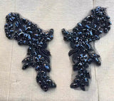 Black Beaded Lace Applique Pair, Rhinestones Costume Dress Bodice Motif Patch