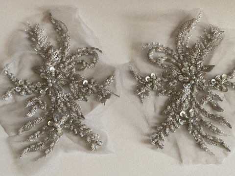 Craftuneed Bundle 3pcs luxury embroidered beaded lace applique grey floral sequins tulle lace motif patch