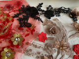 Craftuneed Bundle 7pcs luxury red gold beads lace applique sew on embroidered sequins floral lace motif patch