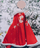 Handmade Embroidered Floral Doll Cape Miniature Red Velvet Faux Fur Cloak 1:3 Scale